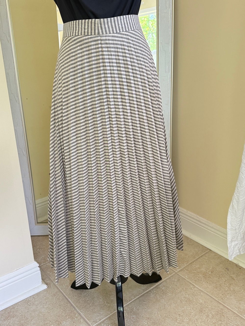 Zara Woman Striped Olive & Tan Cotton Midi Skirt Side Zip XL Office